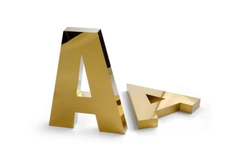 Yunus Emre Mahallesi paslanmaz harf tabela, ayna ve saten yüzey, titanyum kaplama seçenekleri